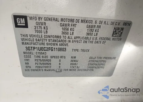 2015 GMC Sierra 1500 Sle из США, поврежденный, VIN 3GTP1UEC2FG110803